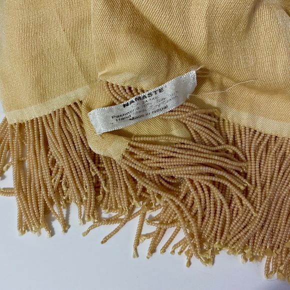 Cream Nude Tan Pashmina Silk Shawl Elegant Beaded Fringe - Picture 1 of 6
